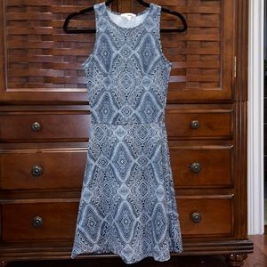 H&M dress, navy blue and white patterned, fit and flare, size xs